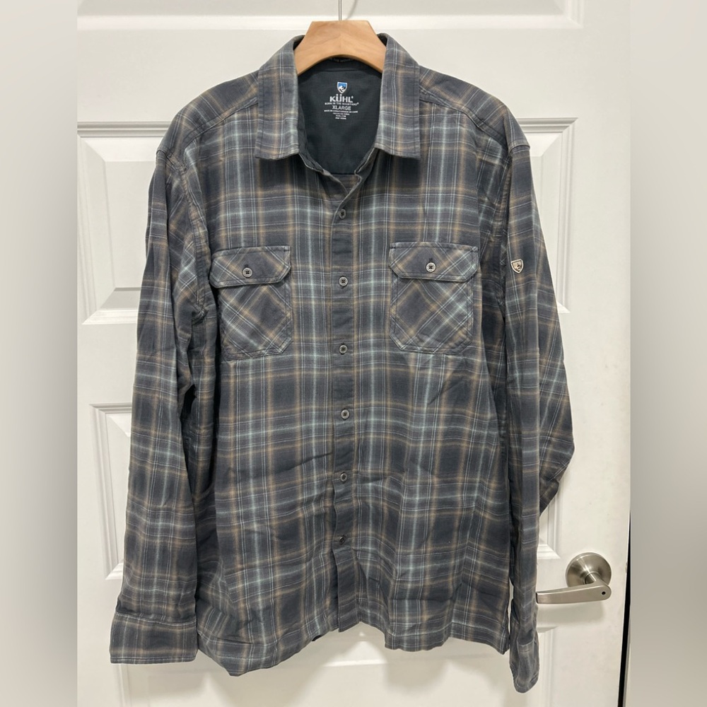 Kuhl Men's Blue and Tan Plaid Button-Down Shirt
